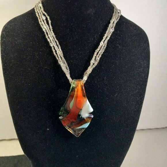 Vintage Multicolor Glass Notched Tear Drop pendant/ Four Strand beaded Necklace - Picture 1 of 7